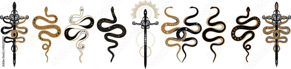 Wall mural magic celestial snake with crescent moon,star and moon phases. Mystical witchy symbol. Cosmic serpent and celestial bodies. Boho style print logo tattoo designs, sword witchy dagger