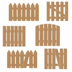 A set of Wooden Gates and fences made of boards of various designs, Vector illustration in Cartoon Style