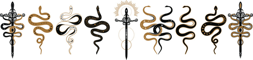 magic celestial snake with crescent moon,star and moon phases. Mystical witchy symbol. Cosmic serpent and celestial bodies. Boho style print logo tattoo designs, sword witchy dagger