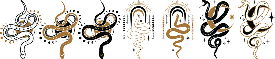 magic celestial snake with crescent moon,star and moon phases. Mystical witchy symbol. Cosmic serpent and celestial bodies. Boho style print logo tattoo designs