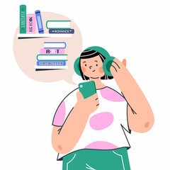 woman in headphones listening audiobooks using smartphone. Online library app concept