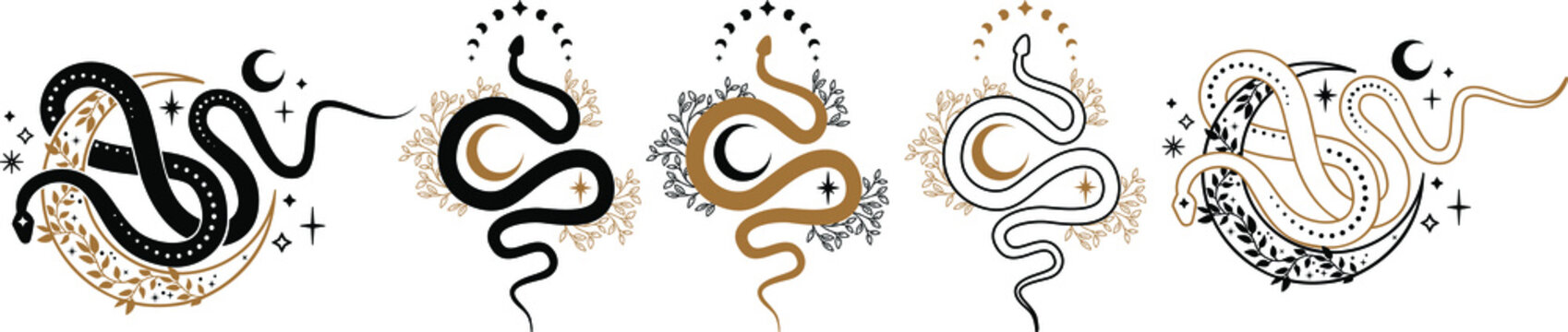 floral snake, magic celestial snake with crescent moon,star and moon phases. Mystical witchy symbol. Cosmic serpent and celestial bodies. Boho style print logo tattoo designs