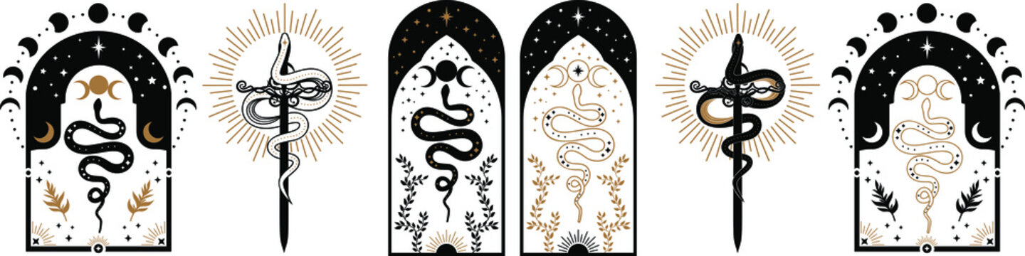 Magic celestial snake with crescent moon,star and moon phases. Mystical witchy symbol. Cosmic serpent and celestial bodies. Boho style print logo tattoo designs. floral snake