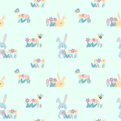 Seamless pattern with sweet and cute blue bunny rabbits, spring flowers, colorful eggs, butterfly and bee on blue background in cartoon flat style. Vector children illustration.