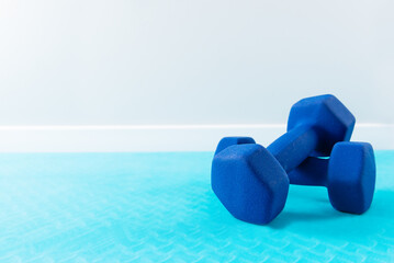 Fitness dumbbells on a blue mat. Horizontal orientation, copy space.
