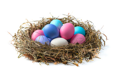 Fototapeta na wymiar Easter eggs in a nest isolated on a white background.