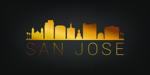 San Jose, CA, USA Gold Skyline City Silhouette Vector. Golden Design Luxury Style Icon Symbols. Travel and Tourism Famous Buildings. - obrazy, fototapety, plakaty