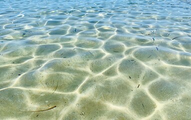 Beautiful clear blue water with waves and rays in the sea. Summer vacation and pool.