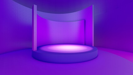 Interior background blue podium with curved walls 3d render