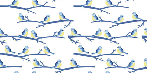 Seamless pattern with birds sitting on branches. Vector background with tree branches. Decorative wallpaper with birds and leaves.