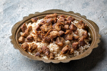 Turkish Meat Et Kavurma with rice - pilav (Turkish name; kurban kavurma, pilav ustu kavurma)