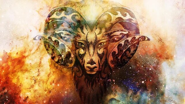 Drawing of male wild sheep with mighty horns on flower background.