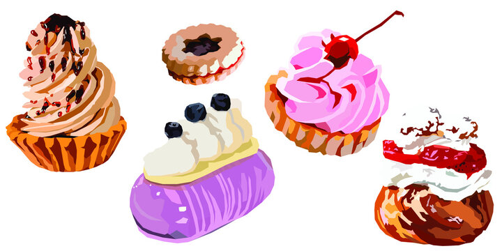 hand drawn illustration of various tasty sweet food, paistry