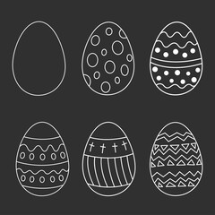 Easter set egg in doodle style. Collection outline eggs for design and print. Traditional religious holiday. Vector illustration, isolated white elements on a black background