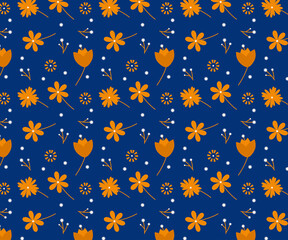  bright yellow color tiny flowers  illustration  repeat pattern on blue background .