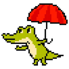 Colorful simple pixel vector Illustration. Animal character alligator crocodile. Modern trendy print on t-shirt for adults and children. Digital crypto art. Little green dinosaur. Cute dino cover book