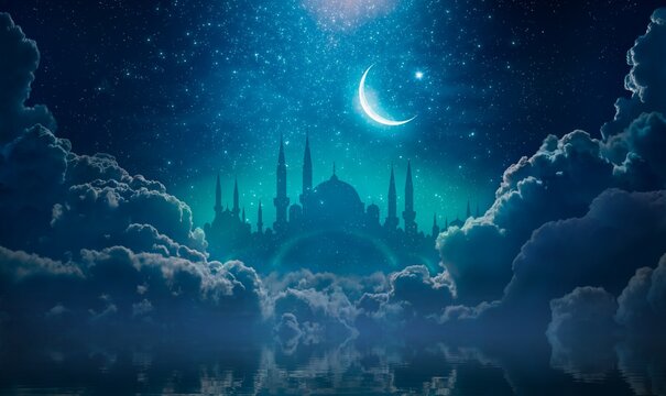 Ramadan religious background with bright crescent, stars and blue clouds. Month of Ramadan is that in which was revealed Quran.