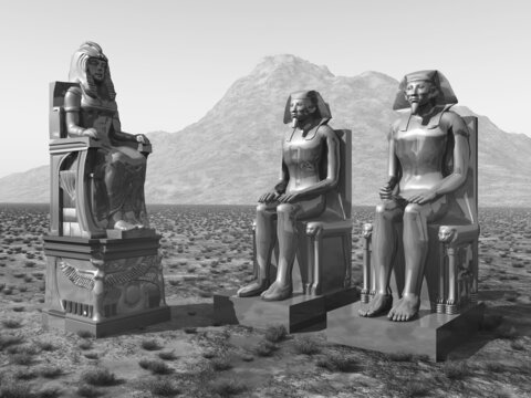 Statuen aus dem alten Ägypten in einer Landschaft in Schwarz und Weiß