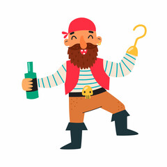 Cute pirate with a bottle of rum. Vector illustration