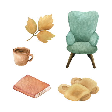 A cozy watercolor set with armchairs, a slipper book, a cup of cocoa and foliage. Individual hand painted elements inspired by autumn.