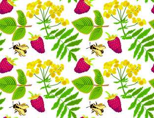 Vector floral pattern with raspberry, yellow flower, leaves and bees