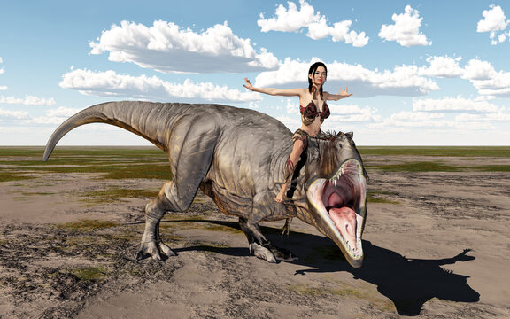 Frau reitet auf dem Dinosaurier Tyrannosaurus Rex in einer Landschaft