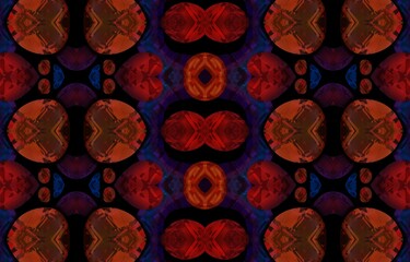 Abstract kaleidoscope background. Beautiful multicolor kaleidoscope texture. Unique kaleidoscope design in red and orange colors on a black background.
