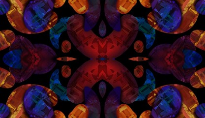 Abstract kaleidoscope background. Beautiful multicolor kaleidoscope texture. Unique kaleidoscope design in red and orange colors on a black background.