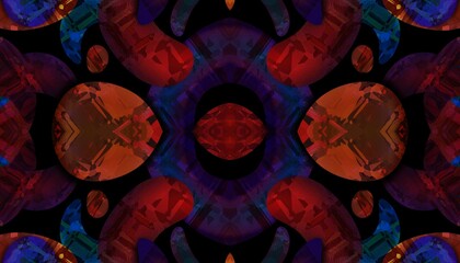Abstract kaleidoscope background. Beautiful multicolor kaleidoscope texture. Unique kaleidoscope design in red and orange colors on a black background.