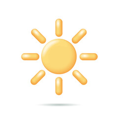 3D sun weather icon. Mobile element sunny travel summer logo. Sunscreen cream symbol spf button yellow rays glowing vector illustration