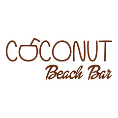 Logotipo de bar tropical. Logo bebida de agua de coco. Banner con texto Coconut Beach Bar con coco con forma de letra O con líneas en color marrón