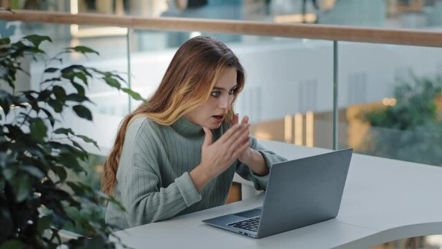 Caucasian stressful business woman with laptop frelancer girl frustrated shocked reading bad online news email failed test exam results reads unexpected terrible information upset problem notification