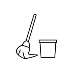 Mop and bucket icon in black line style icon, style isolated on white background