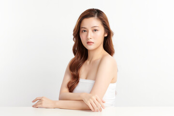 Beautiful young asian woman with clean fresh skin on white background, Face care, Facial treatment, Cosmetology, beauty and spa, Asian women portrait.