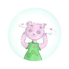 Vector kitten in love snuggling her hands over cheeks, face, dressed in green dress decorated by transparent flowers. Cat's head framed by circle decorated by hearts and love message, text, greeting.