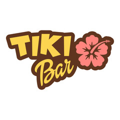Beach bar. Banner con texto Tiki Bar con silueta de flor de hibisco en varios colores