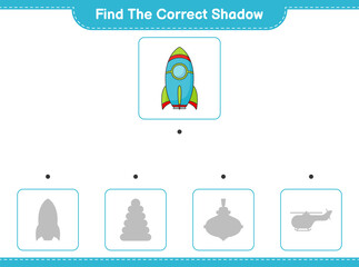 Find the correct shadow. Find and match the correct shadow of Rocket. Educational children game, printable worksheet, vector illustration