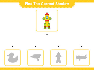 Find the correct shadow. Find and match the correct shadow of Rocket. Educational children game, printable worksheet, vector illustration