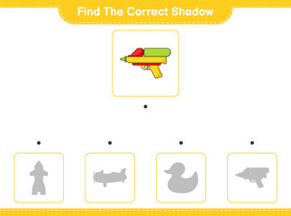 Find the correct shadow. Find and match the correct shadow of Water Gun. Educational children game, printable worksheet, vector illustration