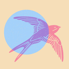 Swallow. Colorful cute screen printing effect. Riso print effect. Vector illustration. Graphic element  for fabric, textile, clothing, wrapping paper, wallpaper