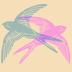 Swallow. Colorful cute screen printing effect. Riso print effect. Vector illustration. Graphic element  for fabric, textile, clothing, wrapping paper, wallpaper