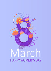 8 March. Happy Womens Day Floral Greeting card. International Holiday Illustration with Flower Design on Pink Background. Vector Spring Template.