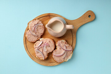 Concept of tasty food with pate sandwiches, top view