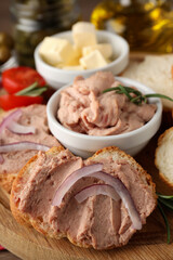 Concept of tasty food with pate sandwiches, close up