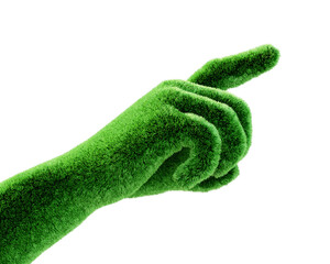 Grass shaped hand pointing at something on white background, isaolated. 3d illustration