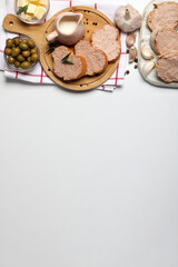 Concept of tasty food with pate sandwiches, space for text