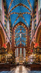 Fototapeta na wymiar Wnętrze Kościoła Mariackiego w Krakowie z ołtarzem Wita Stwosza