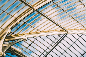 Closeup of the glass roof of the Kew Gardens palm house