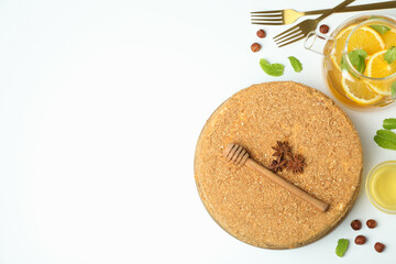 Concept of tasty dessert with honey cake, space for text