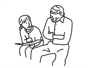 悩む高齢男性と相談する高齢女性の線画イラスト